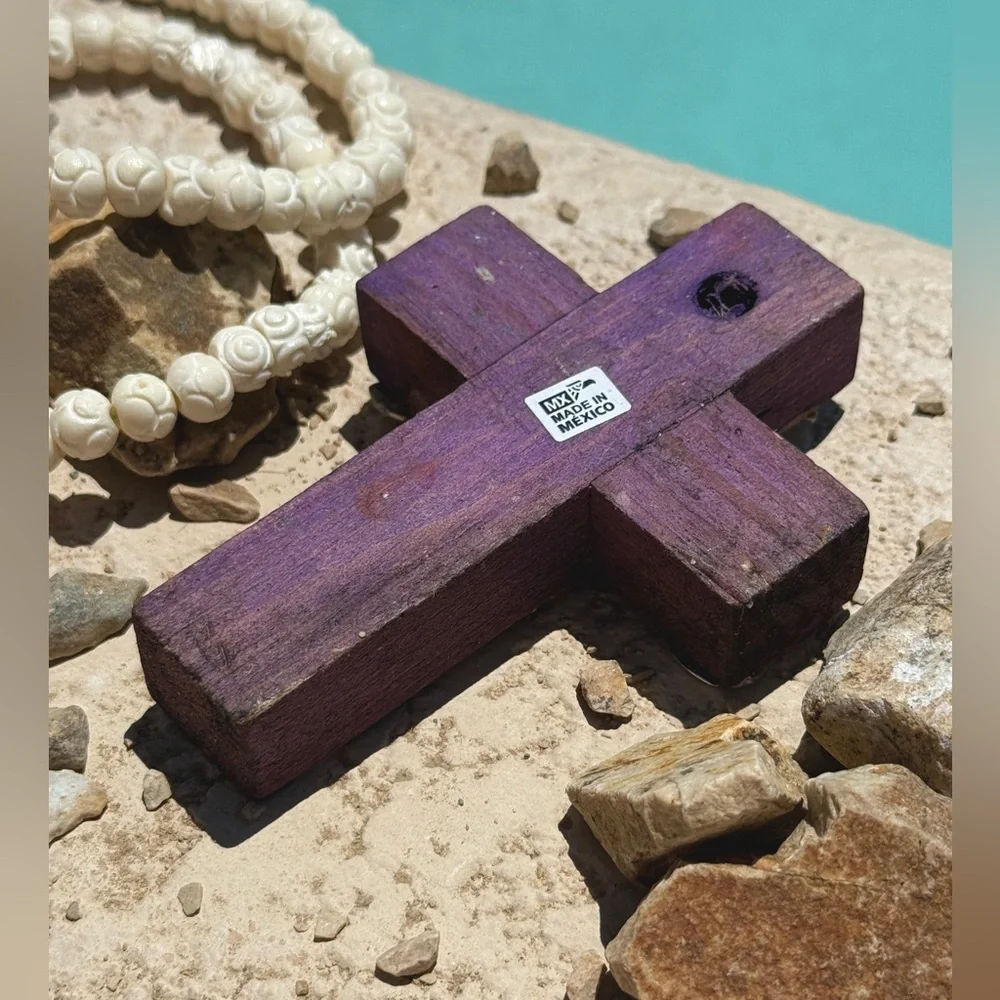 Milagros Silver Metal Charm Spanish Folk Art Painted Wood Cross-Violet - Picture 5 of 7
